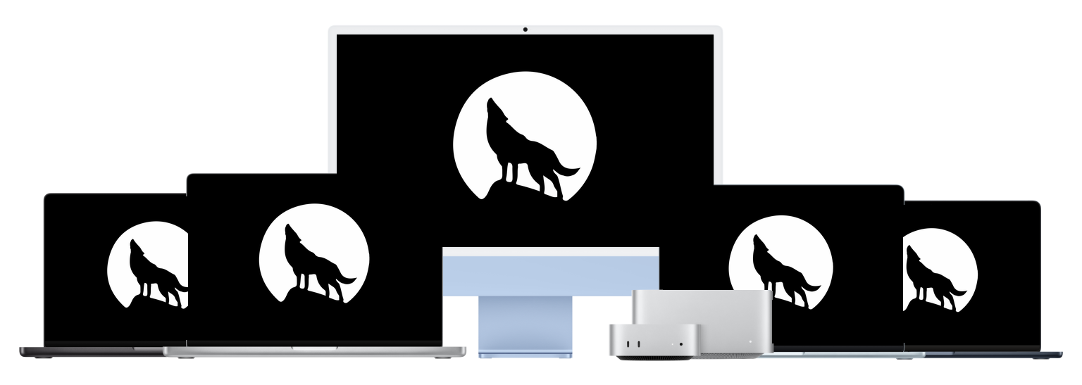 MacBook, iMac, Mac Studio and Mac mini showing the Wolfcare logo